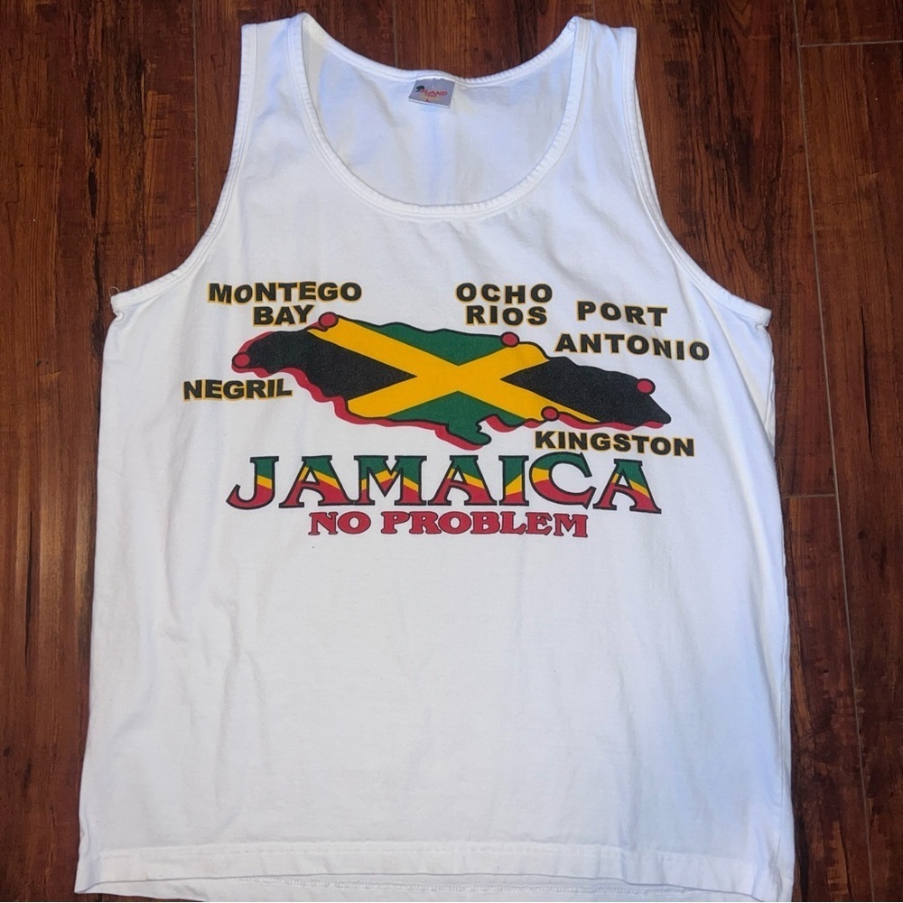 Mens Vintage ISLAND TEES Jamaica No Problem Embroidered White Tank Top Preowned